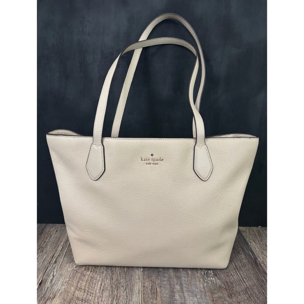 Kate Spade New York‎ Cream Pebbled Leather Tote Bag Shoulder Purse Gold Logo